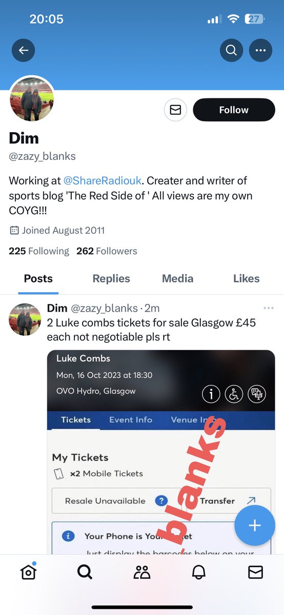 RobertonHannah's tweet photo. Do not buy tickets from @zazy_blanks on here he’s a scammer peeps https://t.co/aH1PAVLoXO