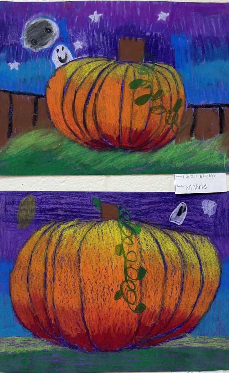cmrilling's tweet photo. Best!  🎃 Pumpkins! Ever!  Third graders did outstanding oil pastel blending work! @meshornets https://t.co/z2wyVf1p02