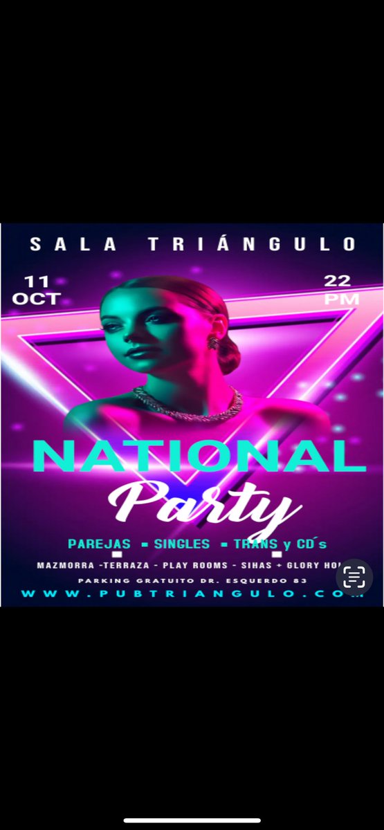 Fiesta de la hispanidad en Sala Triángulo. Parejas y singles. Privados, reservados glory hole copas shishas y
Mucho morbo te esperan este miércoles aquí, en tu  sala liberal de moda!!!!!!