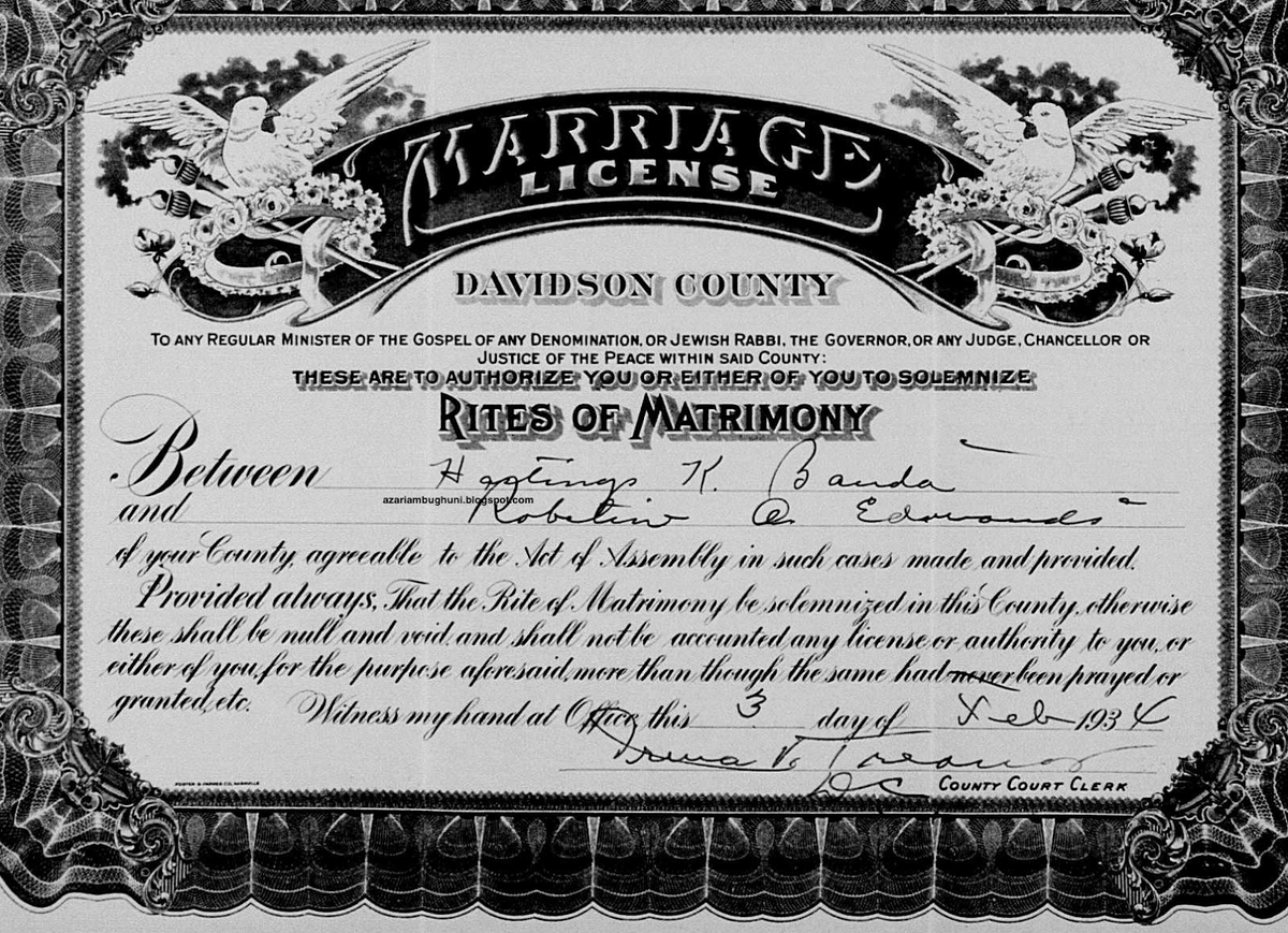 Dr. Hastings Kamuzu Banda married Robetine Edmonds in Nashville, Tennessee in 1934. #Banda #Malawi 
azariambughuni.blogspot.com/2023/10/hastin…