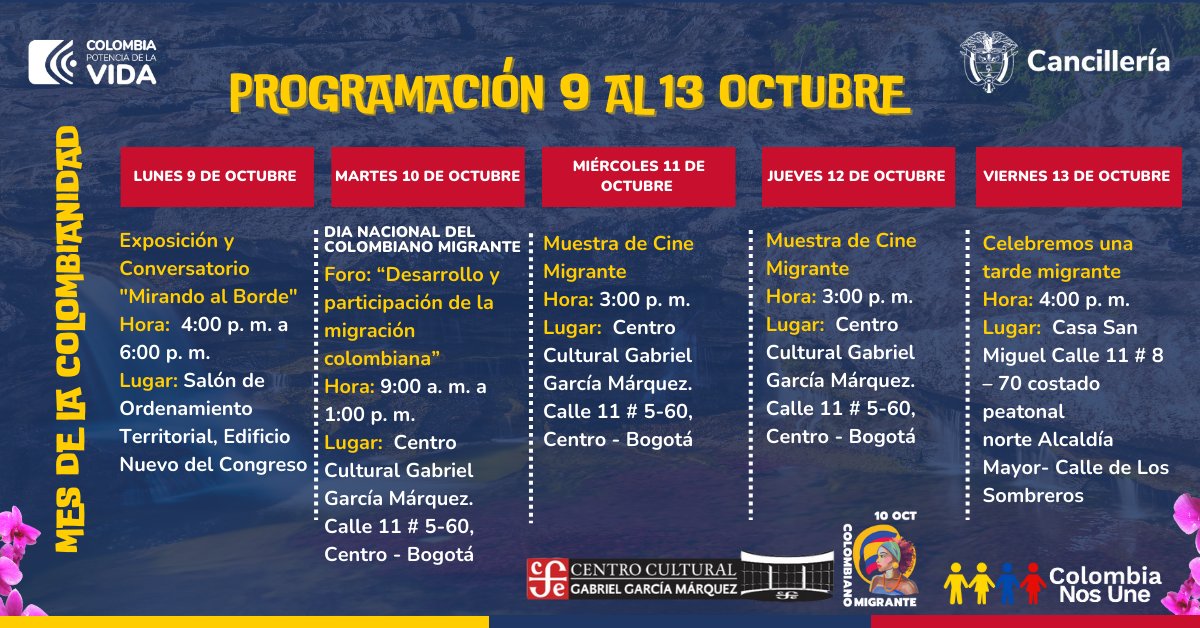 ColombiaNosUne's tweet photo. 🎊¡Mes de la Colombianidad! 🇨🇴
🔶Compartimos contigo la programación de las actividades que se desarrollarán en Bogotá, en el marco del Día del Colombiano Migrante desde el lunes 9 de octubre hasta el viernes 13 de octubre.
#ColombianosEnElMundo #DíaDelColombianoMigrante https://t.co/jPfbm4lWJT