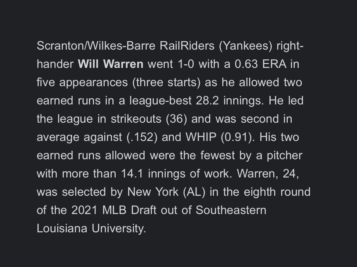 RailRiders RHP Will Warren earned the final International League Pitcher of the Month award for 2023 after posting a 0.63 ERA in five September appearances (28.2 ip).