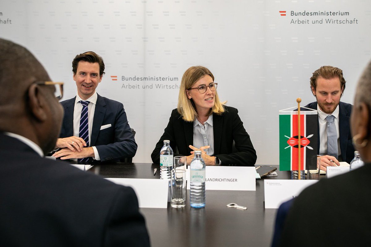 GeoffreyKaituko's tweet photo. I concluded my official working visit to Vienna, Austria today with a courtesy call to Mag. Eva Landrichtinger, the Secretary General of the Austrian Federal Ministry of Labour and Economy.

We deliberated on the upcoming visit to Kenya by Hon. Dr. Martin Kocher, Austria's Federal Minister for Labour and Economy, from 21-23 October 2023. Additionally, we discussed the preliminary phases of a prospective cooperation framework between Kenya and Austria, set to be unveiled during Minister Kocher's visit. The proposed broad framework will seek to establish a formal and consistent mechanism to expand our bilateral development partnerships across various sectors, including infrastructure, green technologies, healthcare, skilled labour exchange, food security, and agriculture.

I wish to thank Amb. @mary_mugwanja, and the staff at the Kenya Embassy in Vienna for their diligent support during my stay in Vienna.
@LabourSPKE @ForeignOfficeKE @Diaspora_KE @KenyaEmbVienna @MagratheanTimes @evaliee

Photocredit: BMAW/Dolenc.