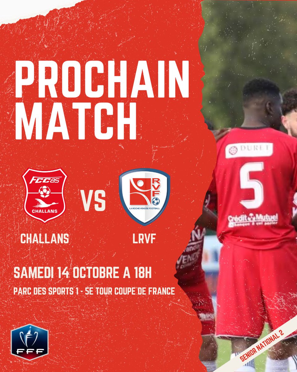 Pour le 5e tour de la coupe de France nos joueurs se déplaceront sur la pelouse de Challans ! 

SAMEDI 14 OCTOBRE À 18H !
