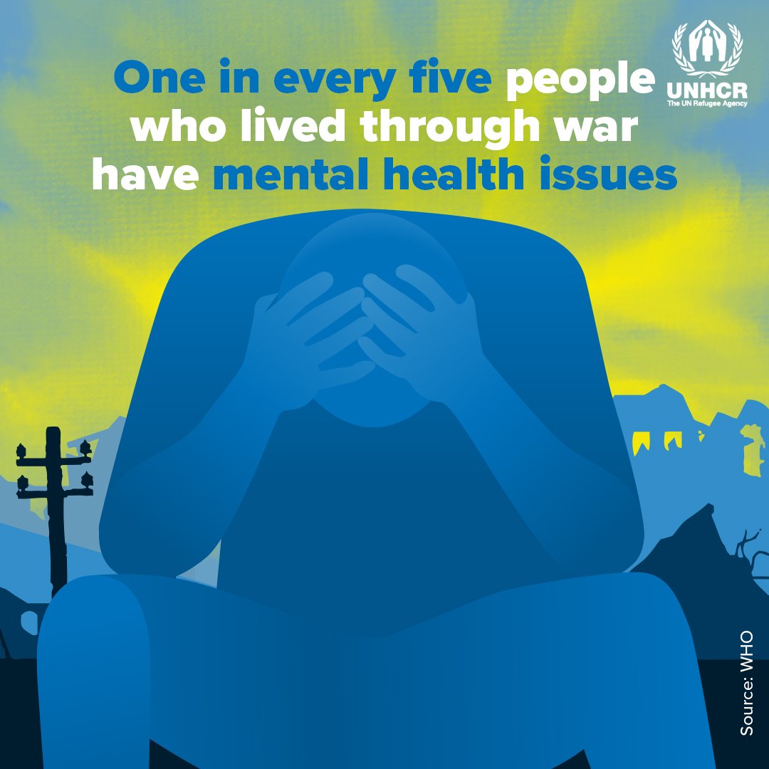 UN's tweet photo. 1 in 5 people who have lived through war have mental health issues.

Mental health support is not a luxury, it is an essential service for people who have experienced conflict.

More from @Refugees on Tuesday's #WorldMentalHeathDay: https://t.co/AAxeBtuDdn https://t.co/oCSUSTeq5i