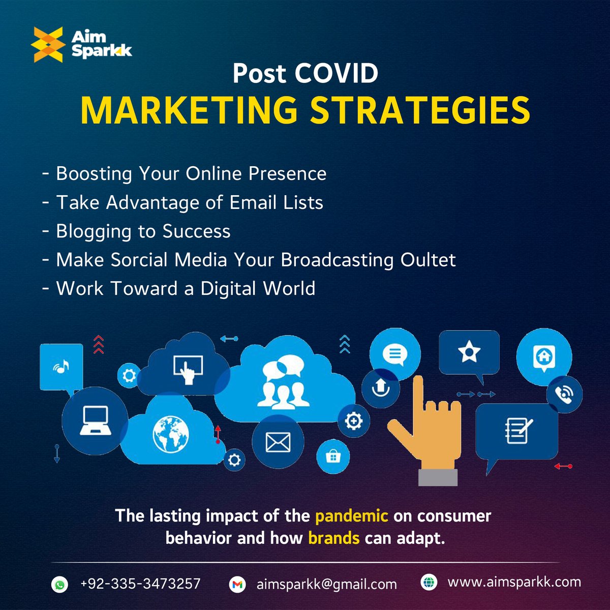 aimsparkk's tweet image. Discover the latest post-COVID marketing Strategies with Aimsparkk! 🚀 Dive into the future of business with #PostCovidTrends and #MarketingInnovation. ✨ #Aimsparkk2023