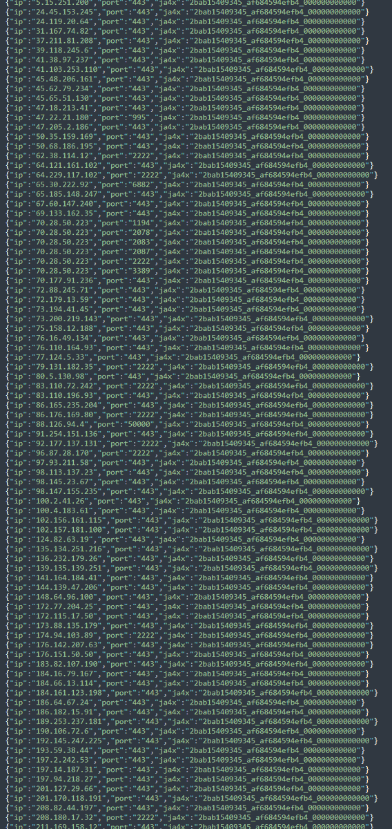 4A4133's tweet photo. Current Qakbot C2s:

Cross-referencing JA4+ data on https://t.co/NI4TG0olfs and utilizing the https://t.co/8VXSH8ocFA's JA4X Feed, it was easy to put together this list of C2/proxy infrastructure that matches Qakbot. https://t.co/luz3AEprTq