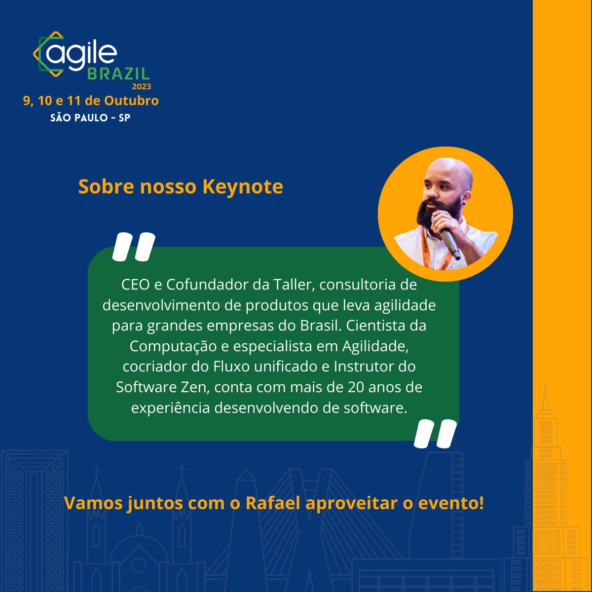 É nesta semana!

Está começando o <a href="/agilebrazil/">Agile Brazil</a> 2023, considerado o maior evento da comunidade de Agilidade, Produtos e Inovação da América Latina.🔥

E nosso CEO, Rafael Caceres, será um dos Keynotes Nacionais do evento, e está com sua palestra no dia 11 às 17h10! 😉 #agilebrazil