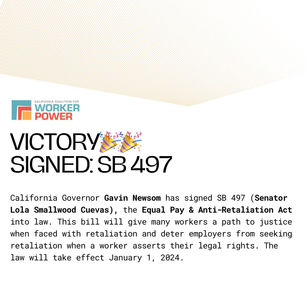 Thank you @GavinNewsom for signing #SB497 and our Champion @LolaForSenate for carrying the Equal Pay & Anti-Retaliation Act into law🎉🎉🙌🏾🙌🏿🙌🏻🙌This bill will give California workers a path to justice they deserve. We were proud to Co-Sponsor this bill with @NelpNews and…