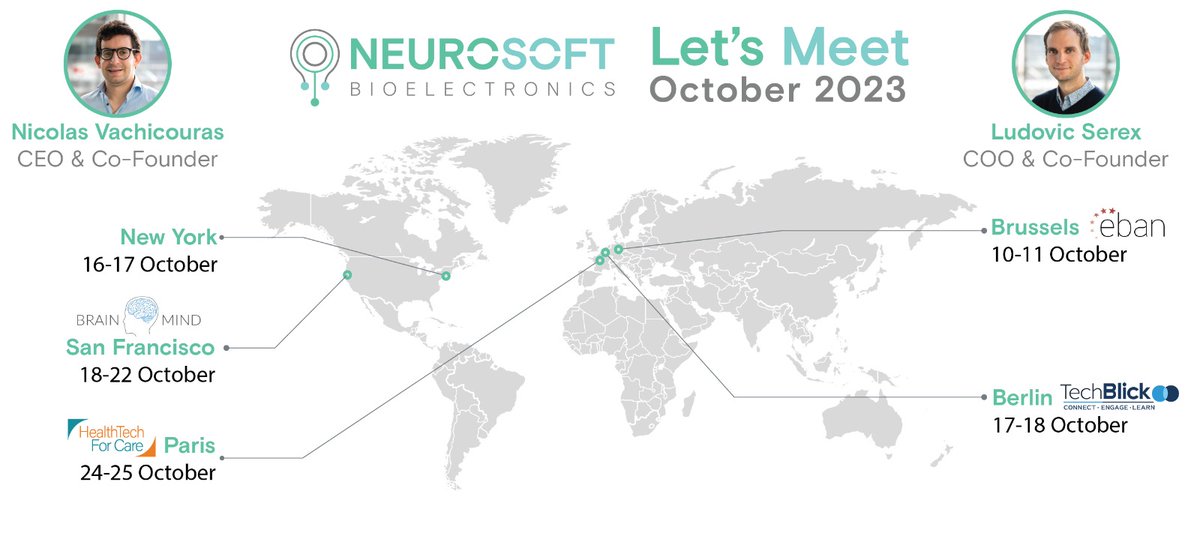 Let's meet! Our Co-Founders Ludovic Serex and <a href="/NicoVachicouras/">Nicolas Vachicouras</a> will be attending various events in Europe and USA in October:
👉10-11 Oct #EAIS23 EBAN Brussels
👉16-17 Oct NYC
👉17-18 Oct #TechBlick Berlin
👉18-22 Oct #BrainMindSummit SF
👉24-25 Oct <a href="/Healthtech4Care/">HealthTech For Care</a> Paris