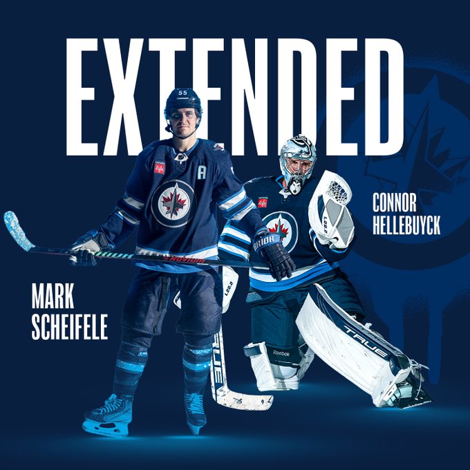 The Winnipeg Jet Hockey Club announced today they have agreed to terms with both forward Mark Scheifele and goaltender Connor Hellebuyck on identical seven-year contract extensions with an average annual value of $8,500,000. Both of their seven-year contract extensions will begin in the 2024-25 season.