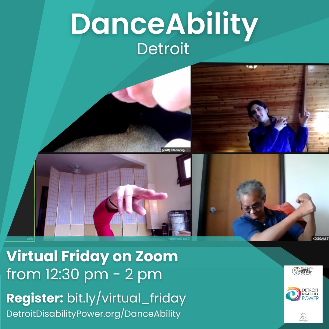 Whether you're a #DanceAbility regular or a newcomer, check out or join our Friday, October 13th, 12:30 p.m. virtual workshop on Zoom! Register at bit.ly/virtual_friday Visit DetroitDisabilityPower.org/DanceAbility for more information.
