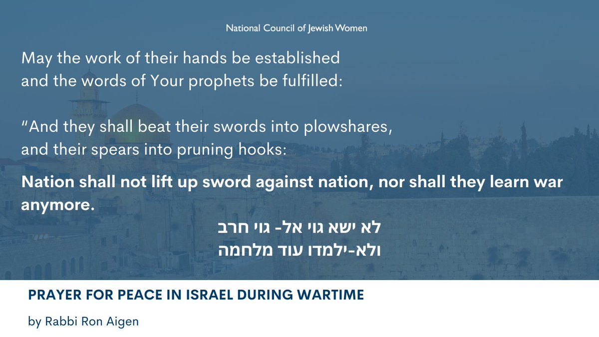 As the war in Israel continues to unfold, we are yearning for peace. We hope for a time when Israelis, Palestinians, and all in the region can live in safety.

Thank you to @ritualwell for this prayer. 💙🇮🇱💙