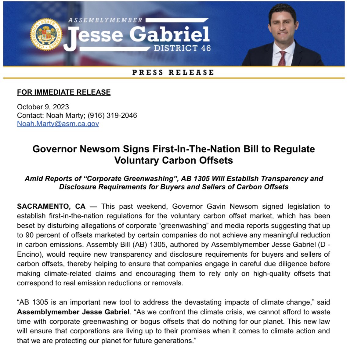 Proud that Governor @GavinNewsom has signed #AB1305, a first-in-the-nation climate transparency measure that will ensure businesses are living up to their promises when it comes to climate action. We can’t afford to waste time with corporate greenwashing or bogus carbon offsets.