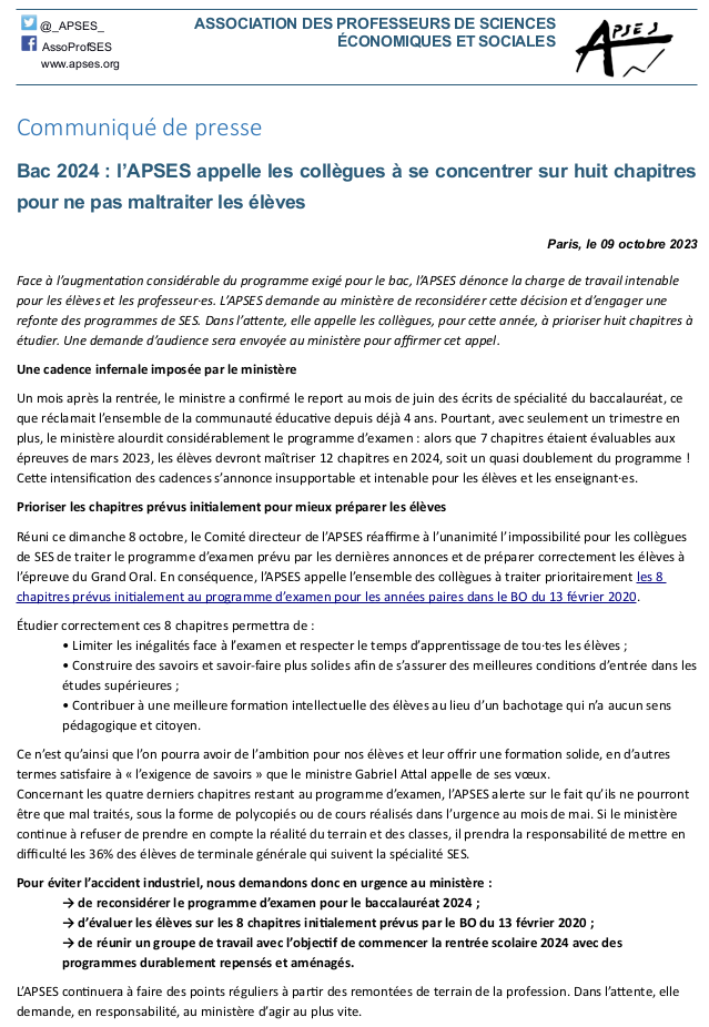 📢 #Bac2024 L’<a href="/_APSES_/">L'APSES quitte X | Rdv sur @apses.bsky.social</a> appelle les collègues à se concentrer sur huit chapitres pour ne pas maltraiter les élèves 
📷 Communiqué du comité directeur de l'association
apses.org/bac-2024-appel…
