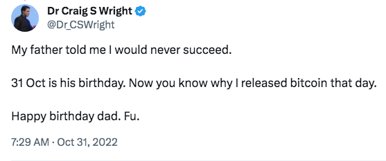 The Bitcoin Whitepaper was published on October 31. Craig Wright's father was born on October 31. Craig Wright was working on a e-cash system prior. Craig Wright said he created Bitcoin in court under oath. The  probability that <a href="/Dr_CSWright/">Dr Craig S Wright</a> is <a href="/satoshi/">.</a> is extremely high #Bitcoin