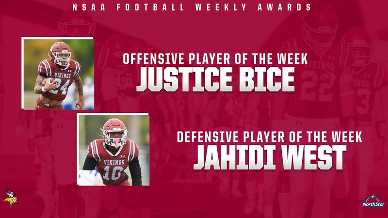 Justice Bice and Jahidi West are the NSAA 🏈 Players of the Week!

The pair helped VCSU Football rally from a 24-0 halftime deficit during a 28-24 win at Waldorf on Saturday.

Read more 👇
bit.ly/48J2M4l