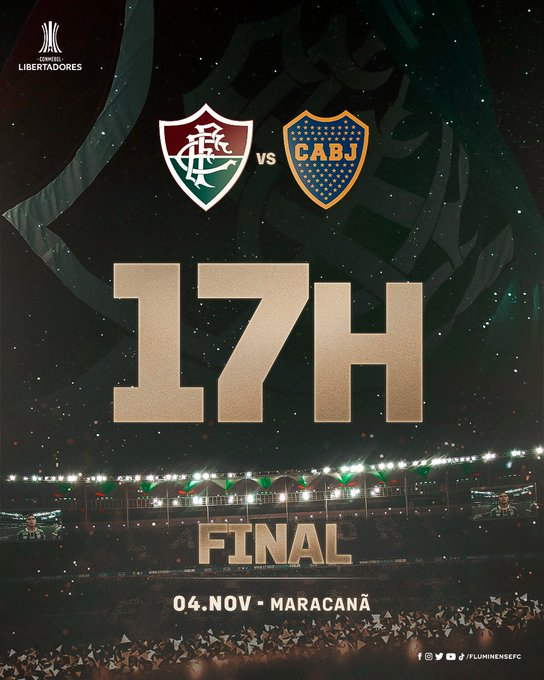 SVargasOK's tweet photo. ✅ ¡𝗢𝗙𝗜𝗖𝗜𝗔𝗟! CONMEBOL confirmó el horario para la final de la Copa Libertadores entre Fluminense y Boca Juniors en el Maracanã.

🗓️ Sábado 4 de noviembre.
⏰ 5:00 p.m. (🇧🇷). https://t.co/rOx1xMh8nK