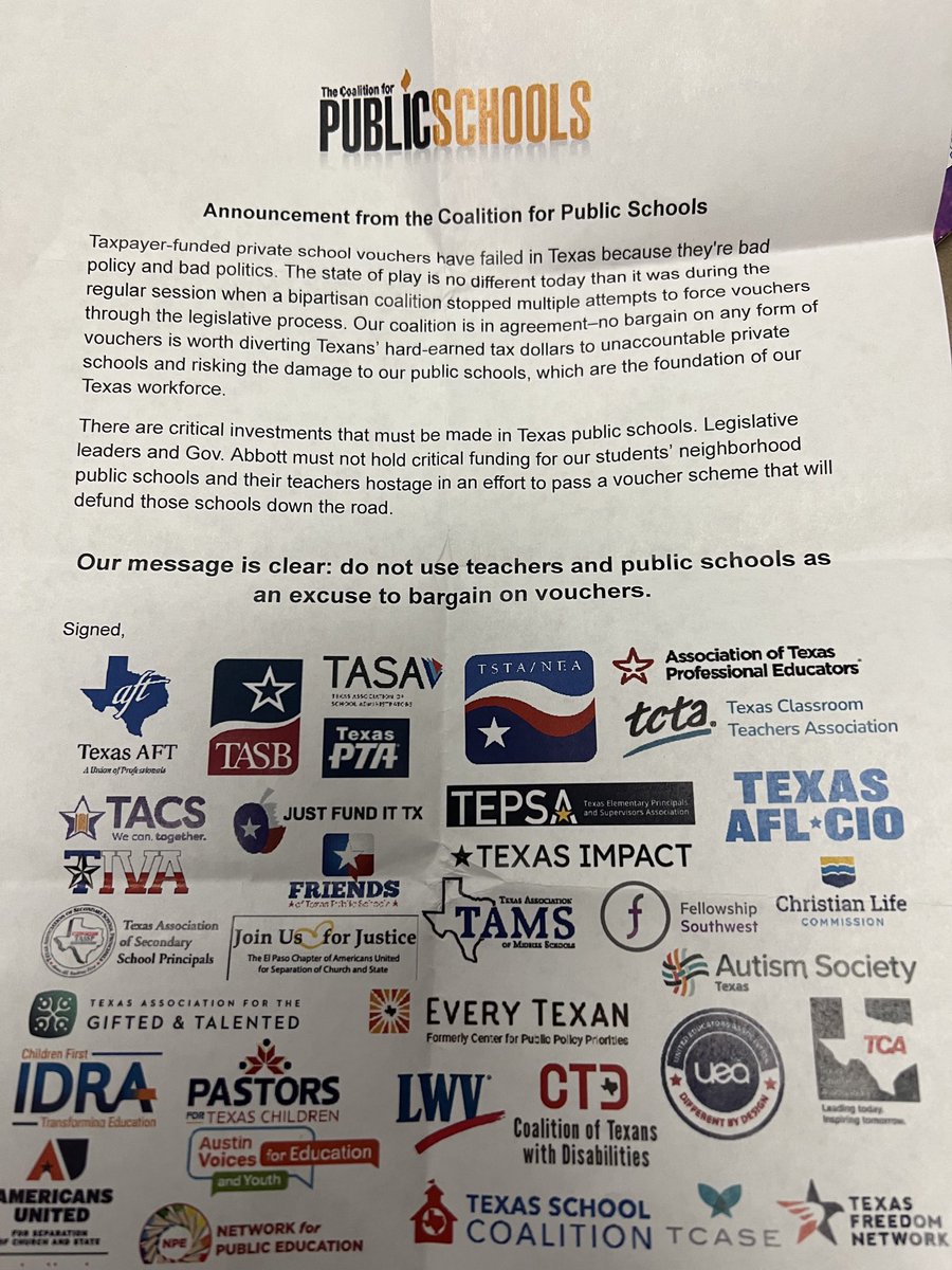 Proud to be part of a broad coalition opposing private school vouchers in the special #txlege session. #NoWayNoHow #1u