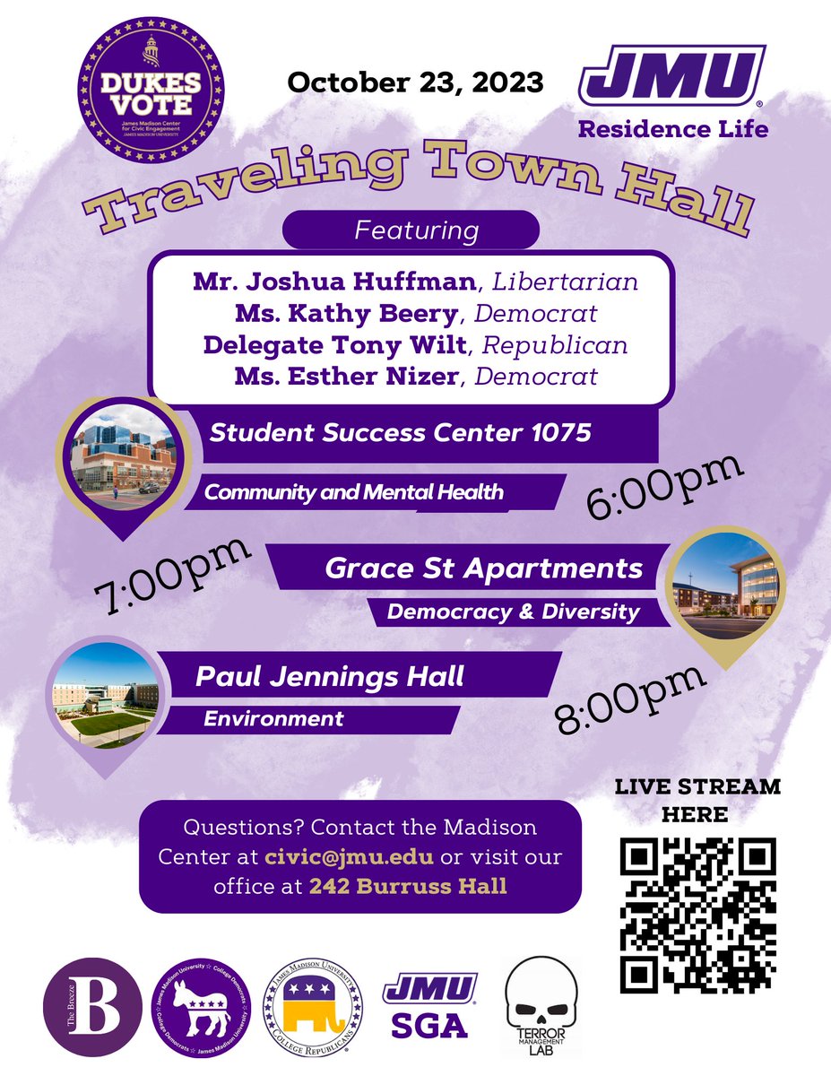 JMUCivic's tweet photo. The Traveling Town Hall brings candidates into the living rooms of JMU students for Q&amp;A. Meet the candidates and hear their views on mental health, democracy, diversity, and the environment. @JMUResLife @jmu_sga @LabTerror @VaJoshua @KathyBeeryForVA @DelTonyWilt @Esther_Nizer https://t.co/xluV9BAjZQ