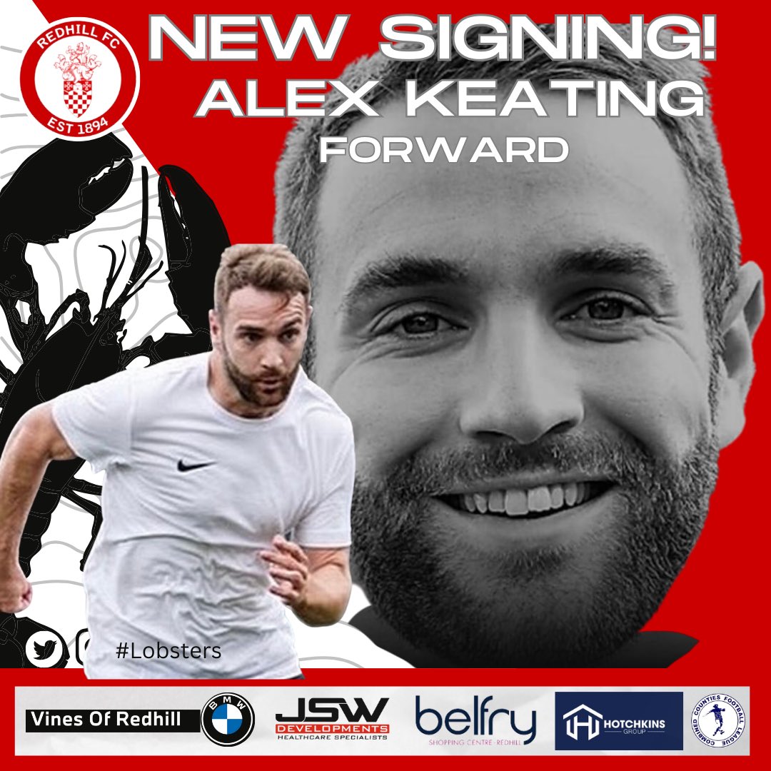 🦞New Signing🦞 We are delighting that goal machine @AlexKeating1995 has agreed to committed to the club . Welcome to Redhill Alex, we are looking forward to seeing you continue your goal scoring form for the Lobsters. Thank you to @TootingBecFC for your support with this.