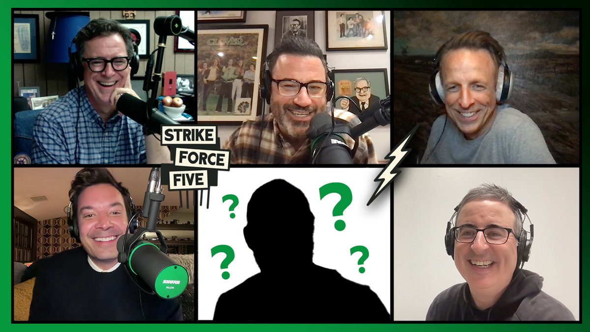 The #StrikeForceFive says goodbye tonight with the help of a special surprise guest! Episode drops at 9pm PT. Catch up now - spoti.fi/3Faza25 @JimmyFallon @SethMeyers @IamJohnOliver @JimmyKimmel @StephenAtHome @SpotifyPodcasts