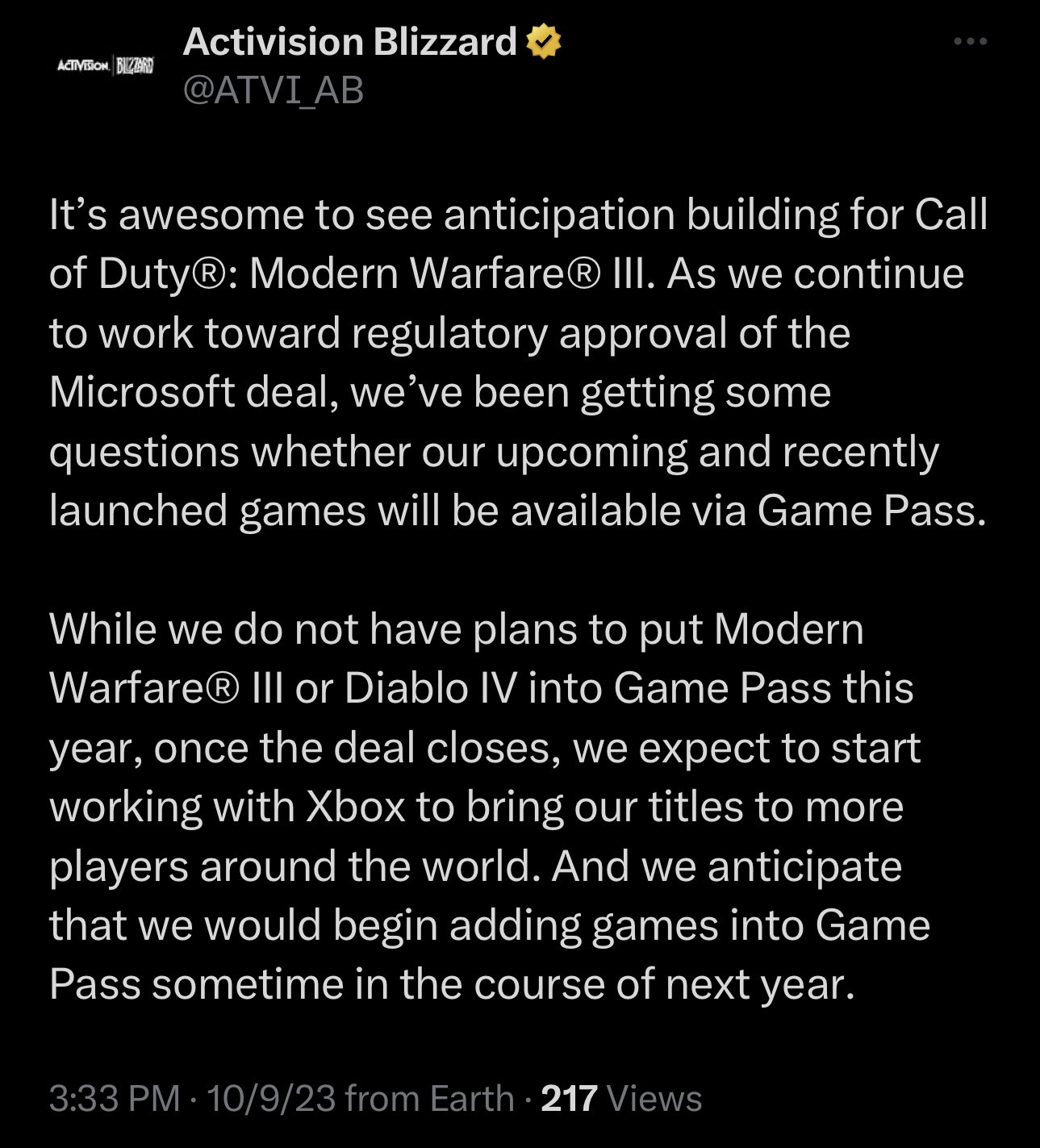 No Game Pass for CoD: Modern Warfare 3 and Diablo IV in 2023, Says