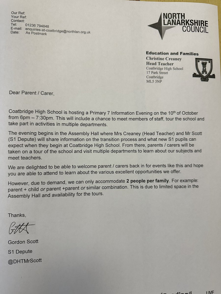 Looking forward to our P7 Information Evening tomorrow night (Tues. 10th Oct.). It will start at 6pm and run till 7:30 with everyone who attends getting to visit various departments in the school. Space is limited so we ask only 2 people per family attend. <a href="/CoatbridgeHigh/">Coatbridge High</a>