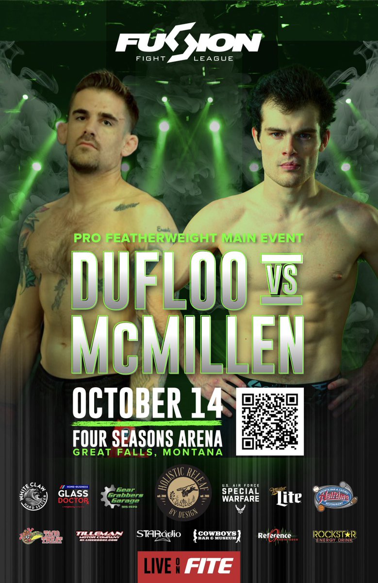 GREAT FALLS, MT — It is fight week, baby! The undefeated Tommy “Gun” McMillen is headed back to #FourSeasonsArena on October 14th! 🔥🔥 McMillen is headed back to his home town as the main event against an undefeated foe, Arthur Dufloo. 👊💥 PPV LINK: 👇 fite.tv/watch/ffl-mcmi…