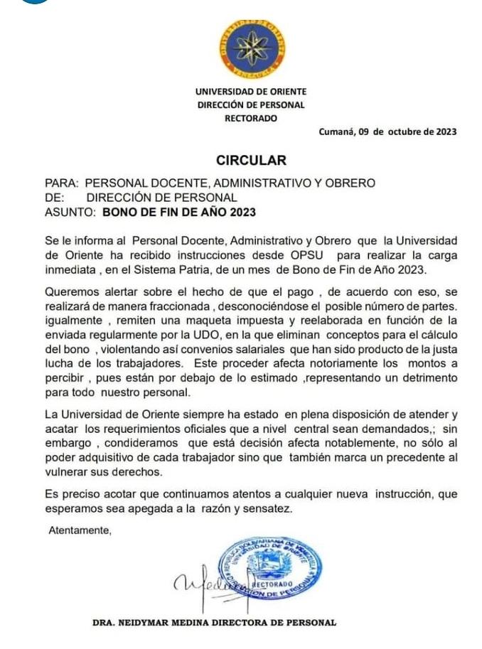 GremioDocente's tweet photo. CIRCULAR DE LA DIRECCIÓN DE PERSONAL DE LA UNIVERSIDAD DE ORIENTE RELATIVO AL BONO DE FIN DE AÑO https://t.co/55xsXMK2m7