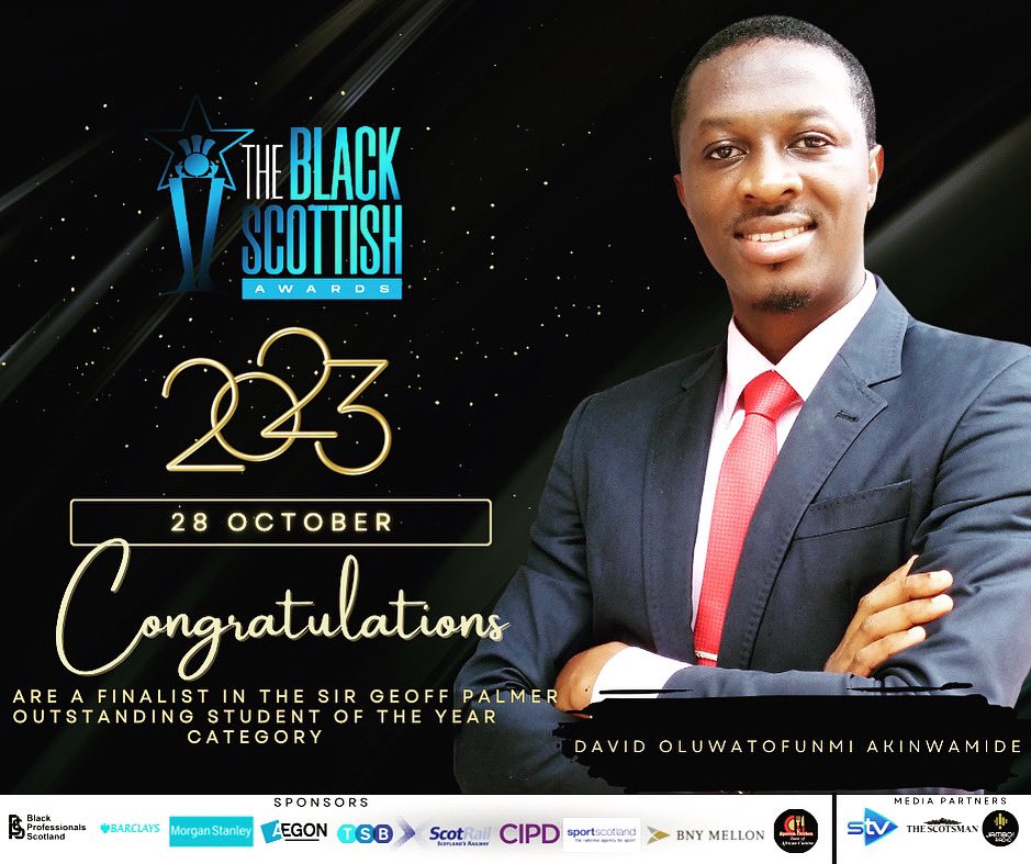 David Akinwamide (@davidakinwamid1) on Twitter photo Delighted to be a FINALIST IN THE SIR GEOFF PALMER OUTSTANDING STUDENT OF THE YEAR CATEGORY of the <a href="/blackscotawards/">The Black Scottish Awards</a> 2023. Looking forward to the award event. 🥂 Delighted to be a FINALIST IN THE SIR GEOFF PALMER OUTSTANDING STUDENT OF THE YEAR CATEGORY of the <a href="/blackscotawards/">The Black Scottish Awards</a> 2023. Looking forward to the award event. 🥂