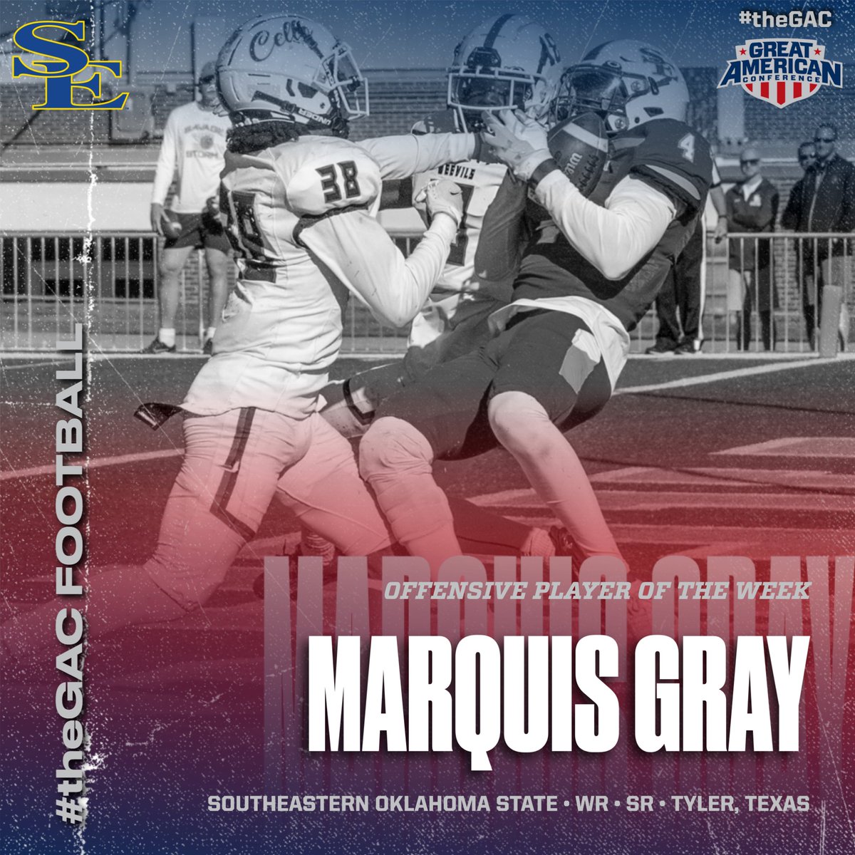 GACAthletics's tweet photo. #theGAC 🏈 WEEK SIX PLAYERS OF THE WEEK:   
Co-Offensive - Andrew Edwards, QB @ReddieSports &amp; Marquis Gray WR @GoSoutheastern 
Defensive - RJ Powell DL @SWOSUAthletics 
Special Teams - Aaron Winn P @ATUFOOTBALL https://t.co/4c81I9MzkX