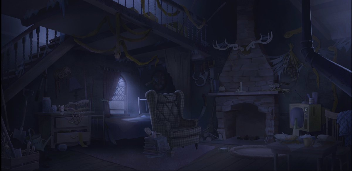 luls_xu's tweet photo. Background painting I did for a scene in episode one where the fire goes out in the grave keeper’s cabin 🔥 being on this show was so fun because I got to paint cool and spooky scenes like this! https://t.co/3eh0anpk9P
