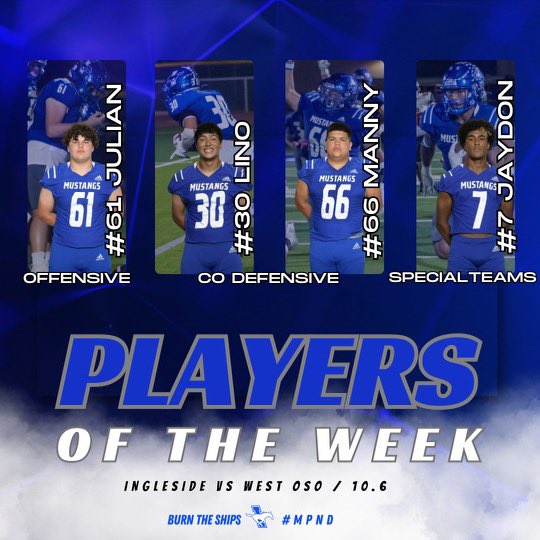 Travis Chrisman (@coach_chrisman) on Twitter photo Our Mustang Football Players of the Week against West Oso!
Julian Garcia - Offensive MVP
Lino Solis and Manny Hinojosa - Co Defensive MVPβs
JC Smith - Special Teams MVP
#MPND #7-0 <a href="/CoachQ33/">David McHugh</a> <a href="/CoachHawks1/">Ingleside_Mustang_Defense</a> <a href="/coachhillis/">Coach Hillis</a> <a href="/CoachTrillWill/">Coach Will π€π½</a> <a href="/coachrsanchez/">Coach Sanchez</a> <a href="/CoachRGonzales/">Robby Gonzales</a> <a href="/CoachCoffield/">Joshua Coffield</a> Our Mustang Football Players of the Week against West Oso!
Julian Garcia - Offensive MVP
Lino Solis and Manny Hinojosa - Co Defensive MVPβs
JC Smith - Special Teams MVP
#MPND #7-0 <a href="/CoachQ33/">David McHugh</a> <a href="/CoachHawks1/">Ingleside_Mustang_Defense</a> <a href="/coachhillis/">Coach Hillis</a> <a href="/CoachTrillWill/">Coach Will π€π½</a> <a href="/coachrsanchez/">Coach Sanchez</a> <a href="/CoachRGonzales/">Robby Gonzales</a> <a href="/CoachCoffield/">Joshua Coffield</a>