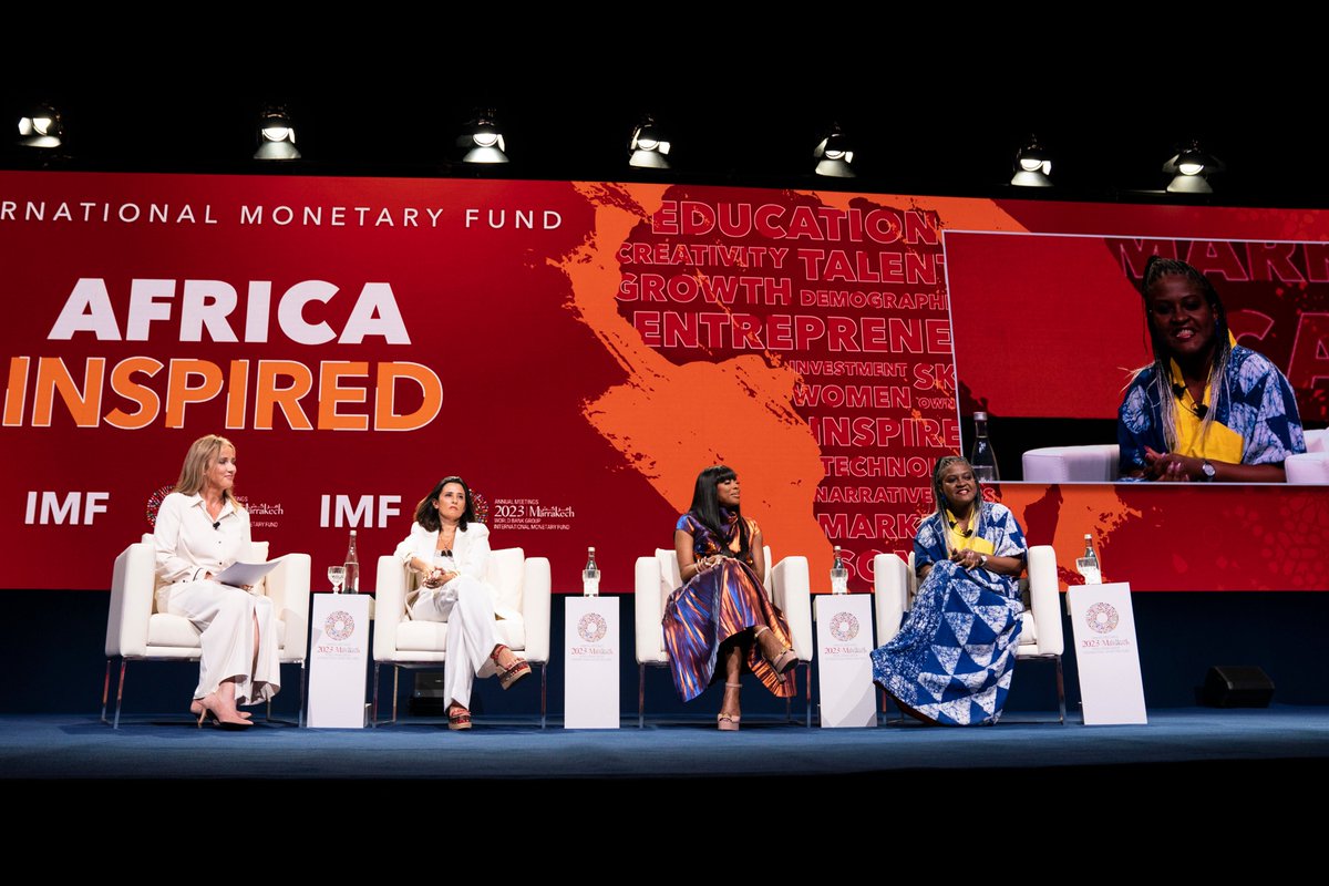 KGeorgieva's tweet photo. So inspiring to listen to these amazing women @MoAbudu, @kenyanpundit and Lamia Tazi at our #IMFinspired event.  They presented a vision of Africa’s bright future, and how the continent can seize the initiative to shape its own destiny - one of limitless potential. https://t.co/AhhsO7ZPx8