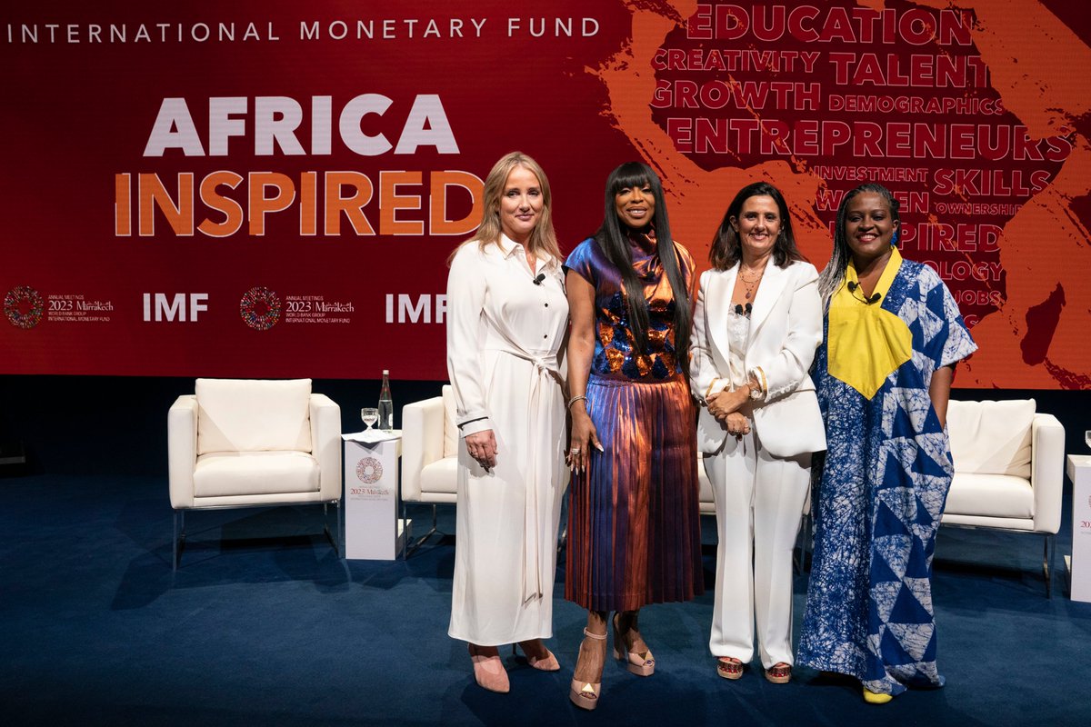 KGeorgieva's tweet photo. So inspiring to listen to these amazing women @MoAbudu, @kenyanpundit and Lamia Tazi at our #IMFinspired event.  They presented a vision of Africa’s bright future, and how the continent can seize the initiative to shape its own destiny - one of limitless potential. https://t.co/AhhsO7ZPx8