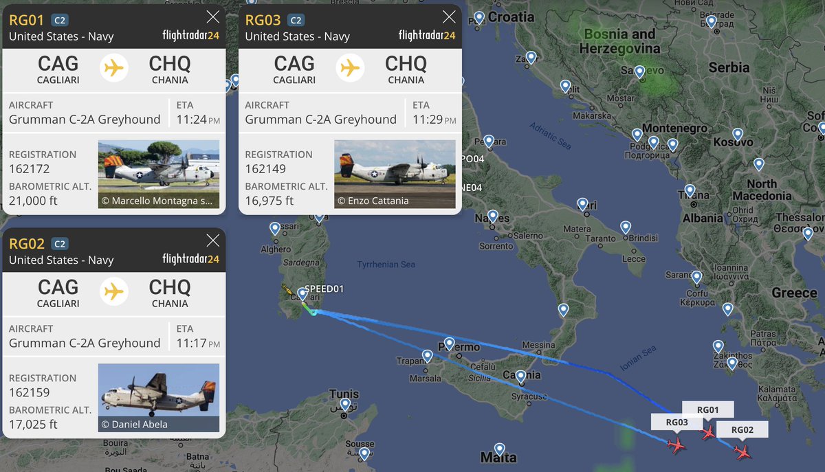 TheSnoopySnoop's tweet photo. Three US Navy Grumman C-2A Greyhounds airborne from Cagliari & heading east over the Mediterranean
#RG01 162172 #AE0456
#RG02 162159 #AE0452
#RG03 162149 #AE0464
#avgeek #planespotting https://t.co/Nyundp2IZI