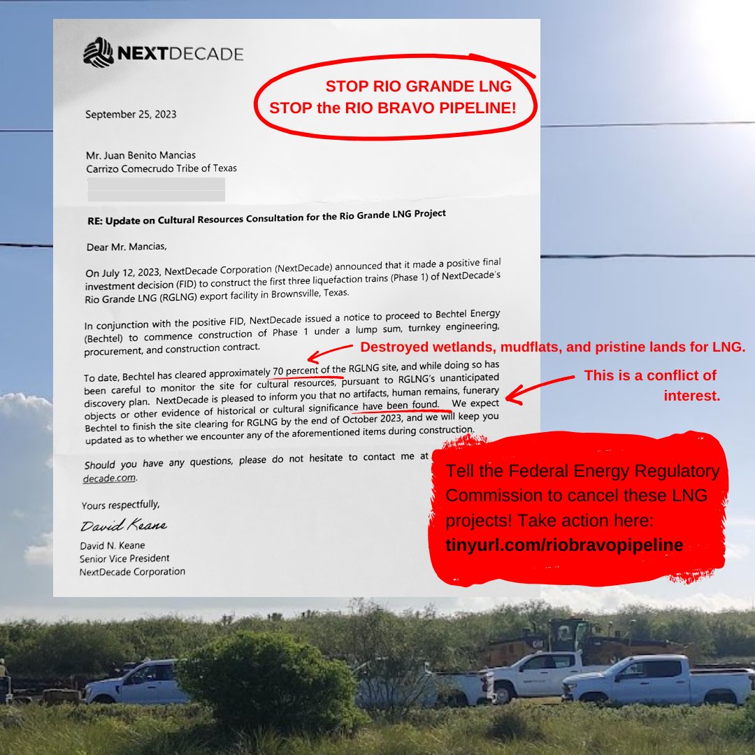 Rio Grande LNG is bulldozing wetlands that are on the same area of land as a sacred Indigenous site registered by the National Park Service -- the company had the AUDACITY to mail a letter to the Carrizo/Comecrudo Tribe claiming that their bulldozers didn't harm sacred artifacts