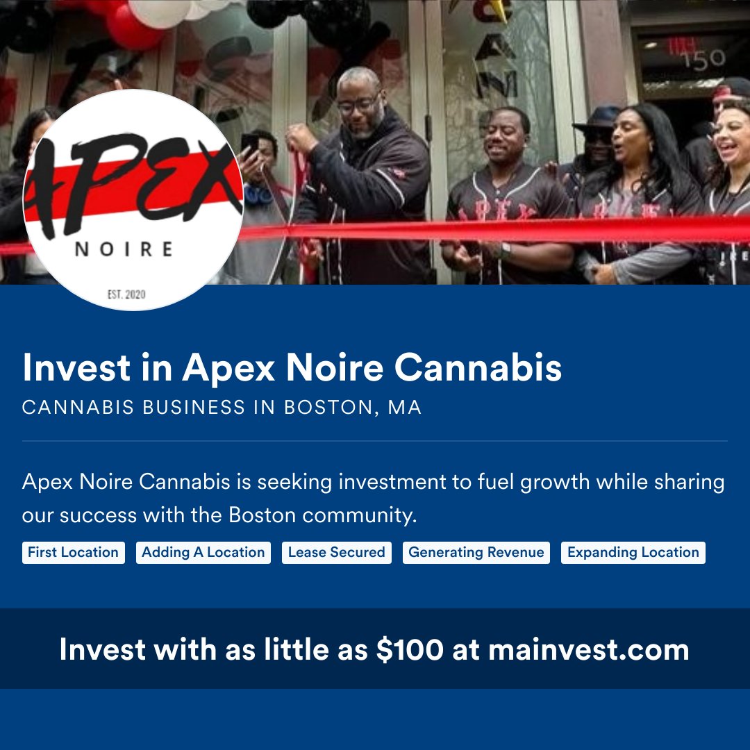 Hey Guys, Please help @apexnoireboston Cannabis Boston grow by investing. We are excited to open our 7th Floor Rooftop Bar/Lounge and Our Edible Kitchen. We want to share our success w you. Please consider investing today! Invest in Apex Noire Cannabis mainvest.com/businesses/ape…