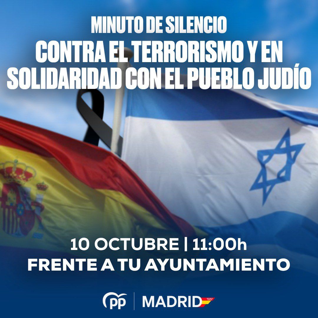 pprozasdemadrid's tweet photo. 🇮🇱🇪🇸 #LasRozas con Israel

Este martes día 10, en solidaridad con las víctimas y el pueblo judío, nos sumamos a las concentraciones con un minuto de silencio, a las 11:00h frente al ayuntamiento, condenando los atentados del grupo terrorista Hamás en la franja de Gaza https://t.co/qd2IK0ZWoK