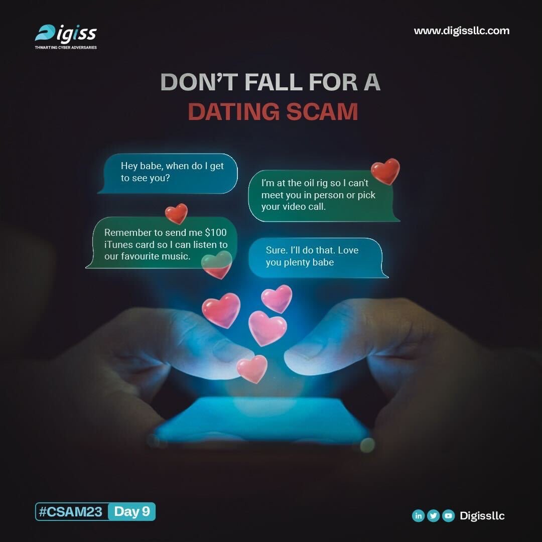 Digissllc's tweet image. Welcome to Day 9 of #CSAM23!
Our focus today is on dating scams and how to identify dating scammers.

Let&apos;s get started ⬇️