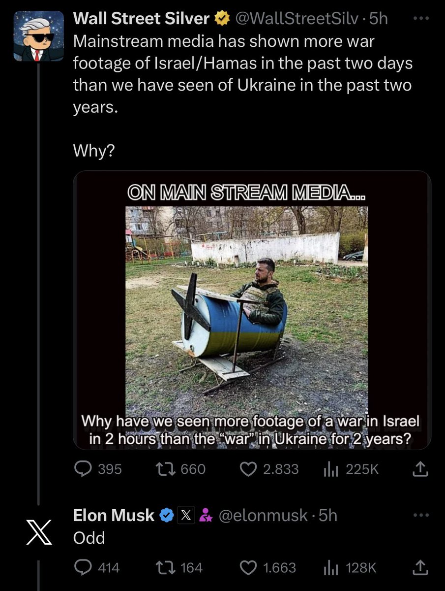 nickreeves9876's tweet photo. Elon Musk's Twitter chum Wall Street Silver exploiting the Hamas attacks to spew out a Russian propaganda lie laced with anti-Ukrainian hate.
This is the kind of creepy Kremlin tool Musk takes his political advice from.
#MuskRussia https://t.co/Z6Top8Ovxj