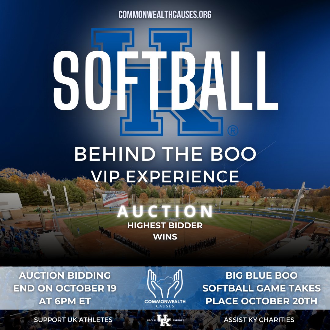 KYCauses's tweet photo. 📷 Calling all @UKsoftball fans! 📷📷  We are excited to announce some must-win UK Softball contests. The first auction is the Behind the Boo VIP Experience! The highest bidder gets to experience Batting practice on the field, Brainstorming the starting line-up in the Coaches’ offices while eating your pre-game meal, Backstage Passes to watch the pregame warmup with Coach Lawson, and receive up to 4 reserved seats behind the backstop for you and three guests.

Big Blue Boo Bat Kid Experience- Your experience will include being the bat kid for UK Softball during the Big Blue Boo game, on October 20, as well as seats behind the backstop for you and your 3 guests.

And finally the 50/50 UK Softball Raffle! The winner receives 50% of the jackpot, and tickets are only $5 a piece!

Don't miss these opportunities!

@ukathletics

Visit us online at https://t.co/yzFJPCpc0V to start playing!

#NIL #UK #raffle #auction #BBN