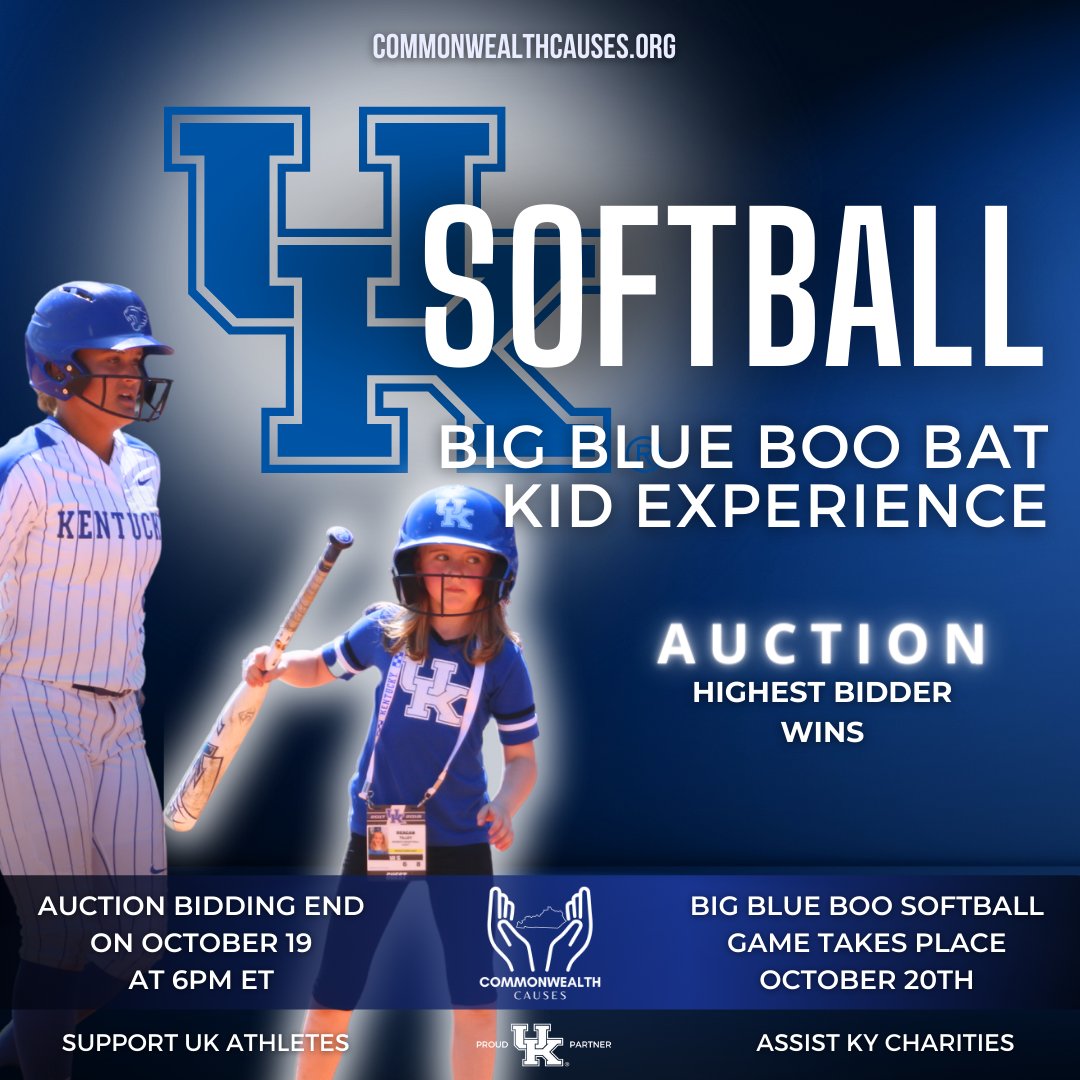 KYCauses's tweet photo. 📷 Calling all @UKsoftball fans! 📷📷  We are excited to announce some must-win UK Softball contests. The first auction is the Behind the Boo VIP Experience! The highest bidder gets to experience Batting practice on the field, Brainstorming the starting line-up in the Coaches’ offices while eating your pre-game meal, Backstage Passes to watch the pregame warmup with Coach Lawson, and receive up to 4 reserved seats behind the backstop for you and three guests.

Big Blue Boo Bat Kid Experience- Your experience will include being the bat kid for UK Softball during the Big Blue Boo game, on October 20, as well as seats behind the backstop for you and your 3 guests.

And finally the 50/50 UK Softball Raffle! The winner receives 50% of the jackpot, and tickets are only $5 a piece!

Don't miss these opportunities!

@ukathletics

Visit us online at https://t.co/yzFJPCpc0V to start playing!

#NIL #UK #raffle #auction #BBN