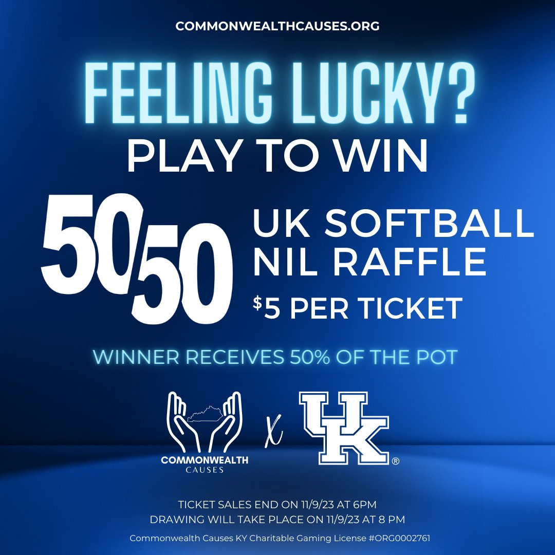 KYCauses's tweet photo. 📷 Calling all @UKsoftball fans! 📷📷  We are excited to announce some must-win UK Softball contests. The first auction is the Behind the Boo VIP Experience! The highest bidder gets to experience Batting practice on the field, Brainstorming the starting line-up in the Coaches’ offices while eating your pre-game meal, Backstage Passes to watch the pregame warmup with Coach Lawson, and receive up to 4 reserved seats behind the backstop for you and three guests.

Big Blue Boo Bat Kid Experience- Your experience will include being the bat kid for UK Softball during the Big Blue Boo game, on October 20, as well as seats behind the backstop for you and your 3 guests.

And finally the 50/50 UK Softball Raffle! The winner receives 50% of the jackpot, and tickets are only $5 a piece!

Don't miss these opportunities!

@ukathletics

Visit us online at https://t.co/yzFJPCpc0V to start playing!

#NIL #UK #raffle #auction #BBN