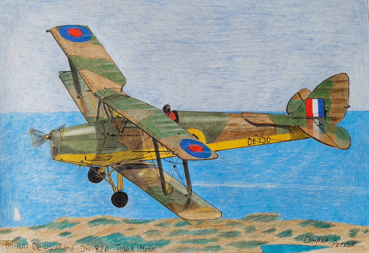 AircraftBy's tweet photo. My drawing of De Havilland DH-82A Tiger Moth opefated by @MaltaAviMuseum 9H-RAF ✈️ Performing a short flying display at the Classic Cars Mdina Grand Prix event.
Real photo taken by Peter Tonna 📸
210x297mm
#RAF #RoyalAirForce #DeHavilland #TigerMoth #art #plane #propellerplane https://t.co/ZeN6j8vIXJ