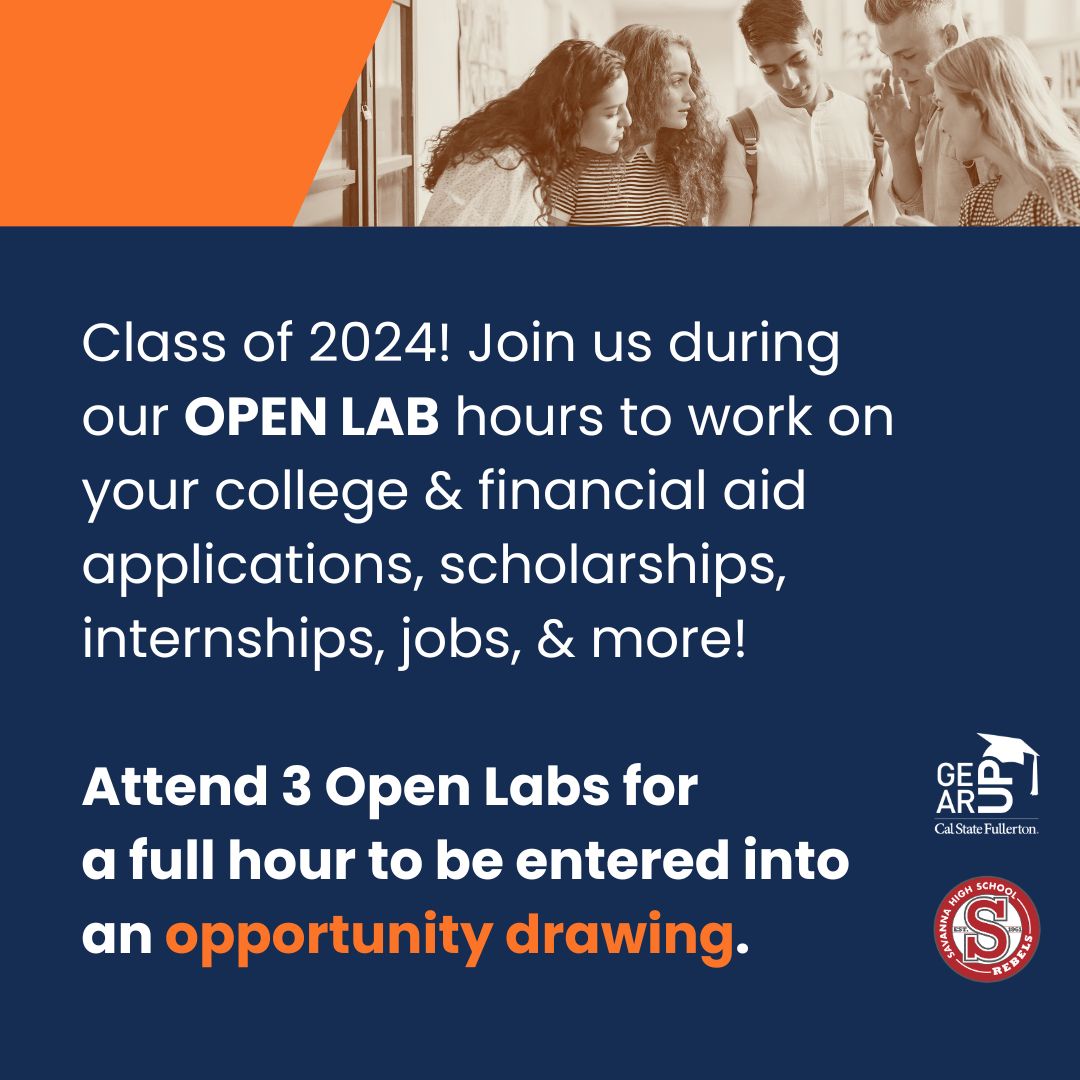 CSUFGEARUP's tweet photo. Hey Savanna Rebels! GEAR UP's OPEN LAB series is here 📝 Stop by the Student Center on Wednesdays from 3:30pm-5pm to work on your college &amp; financial aid applications, scholarships, internships, jobs, &amp; more!

#CSUFGEARUP #GEARUPWORKS https://t.co/LFob0voo53