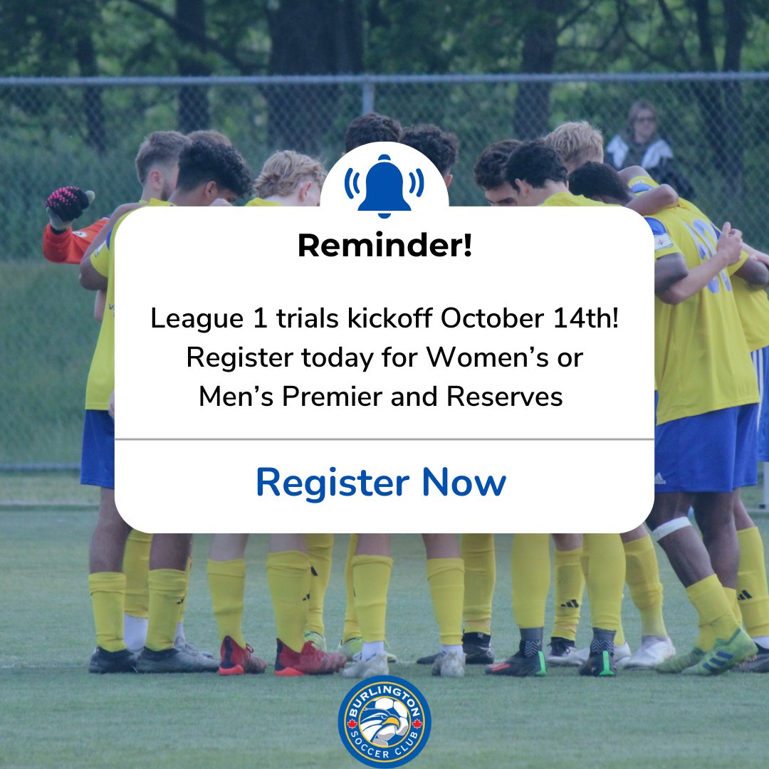 burlsoccer's tweet photo. ⏰Reminder - Our League 1 Trials Kick-off on October 14th!

Register using the link in bio for:
✔️Men's Premier
✔️Women's Reserves
✔️Men's Reserves

#wearebayhawks #soccerforlife #burlON #league1 #topdivision #proam #soccer https://t.co/9xIL4pByHz