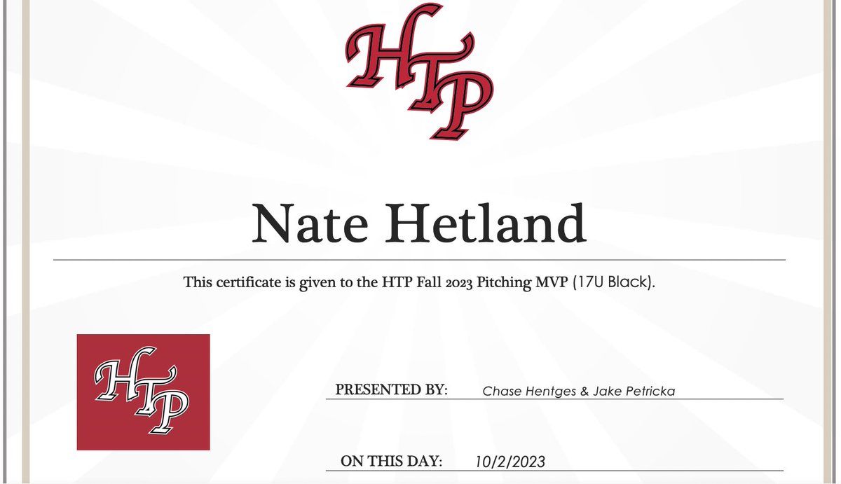 HTPacademy's tweet photo. 🚨 HTP Fall 2023 Hitting/Pitching MVP’s‼️

17U Black- Hitting: @ConnorStember 
Pitching: @NateHetland 

18U Black- Hitting: Tegan Mellgren/ @dilloncarlson_ 
Pitching: @ChayseWalker 
              🔥🔥🔥🔥🔥 https://t.co/ntPaiyNrB6