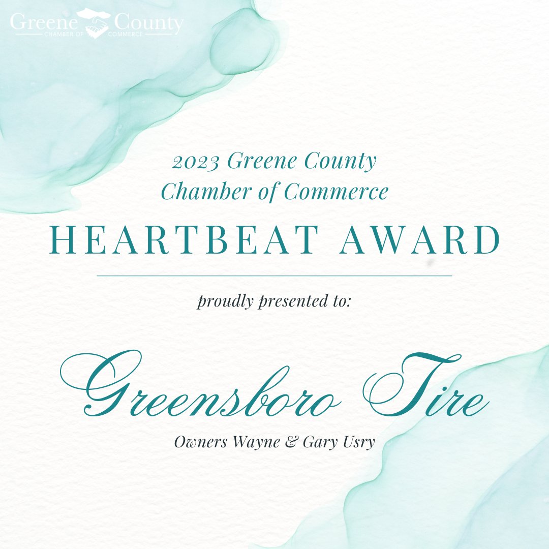2023 Greene County Chamber of Commerce "Heartbeat Award". 
WINNER:  Greensboro Tire, Owners Wayne &amp; Gary Usry, for year-after-year Sponsorships &amp; Contributions 
#GCCoC #GreeneCountyChamber #AnnualAwards #ChamberAwards